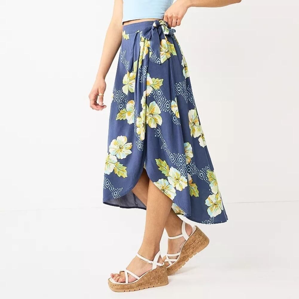 SO Juniors Plus XXL Floral Faux Wrap Midi Skirt Navy Blue Yellow Hibiscus Rayon